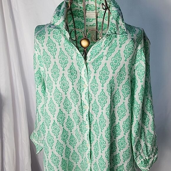 Linen Mint Green & White Summer Button Up Tunic 3/4 Sleeves - Picture 3 of 9